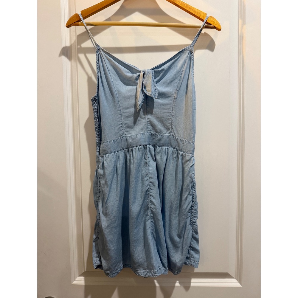 Aerie Light Blue Lyocell Chambray Tie Front Smocked Romper Small
